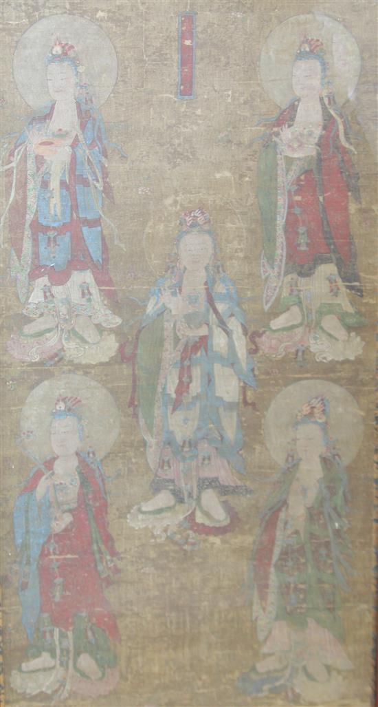 A Chinese ink and colour painting on silk of five Bodhisattvas, Tang / Five dynasties (851-950AD) or later, 145 x 75cm incl. borders